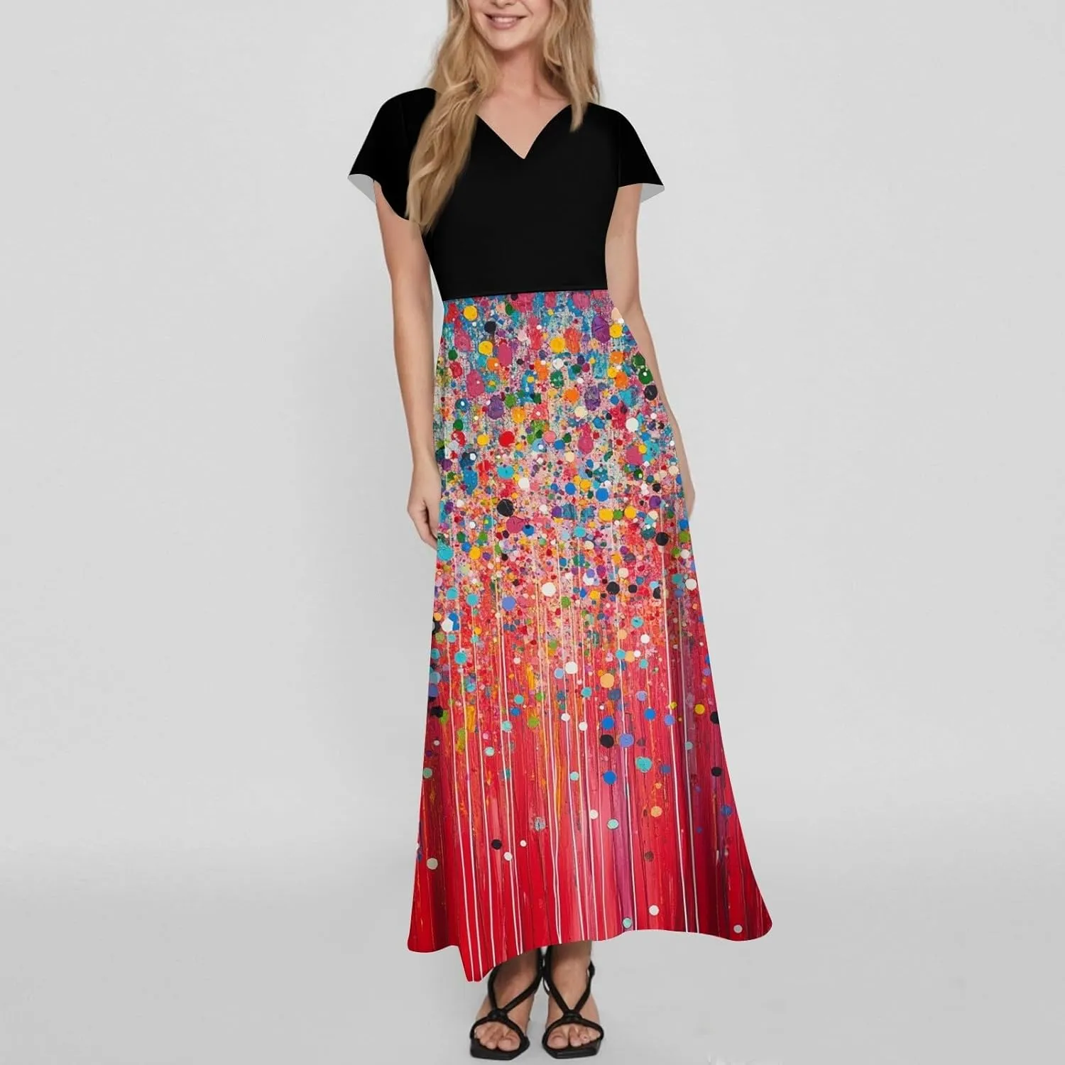 Maxi Dresses for Women 2025,Wedding Guest Spring Summer Dresses for Women Flowy Petite Floral Dress Short Sleeve