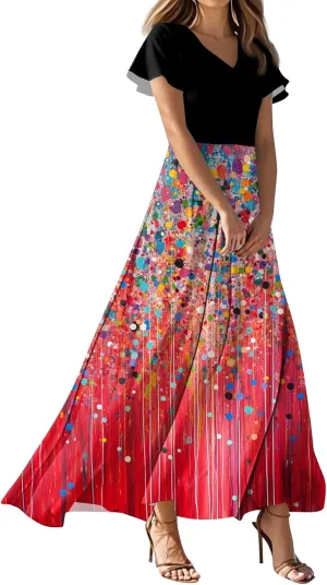 Maxi Dresses for Women 2025,Wedding Guest Spring Summer Dresses for Women Flowy Petite Floral Dress Short Sleeve