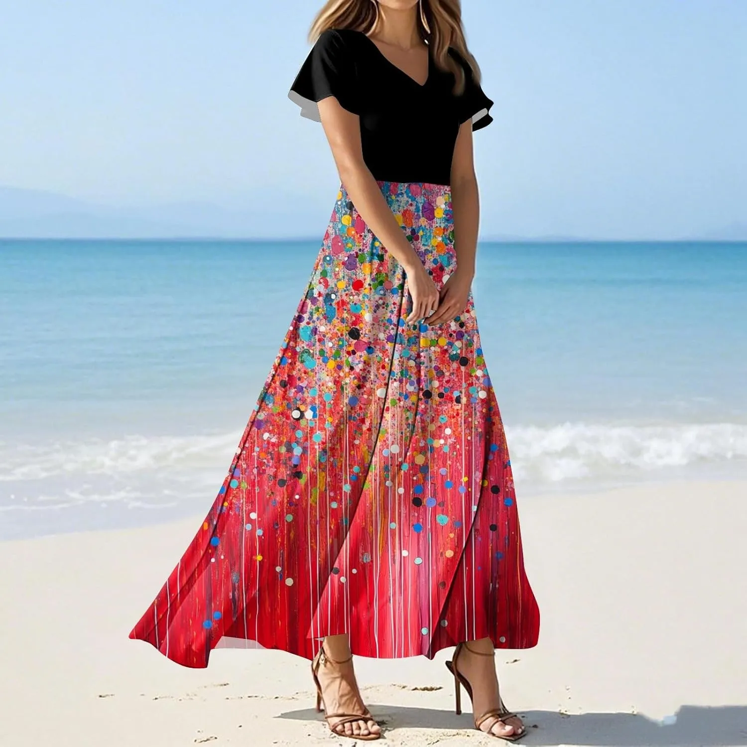 Maxi Dresses for Women 2025,Wedding Guest Spring Summer Dresses for Women Flowy Petite Floral Dress Short Sleeve