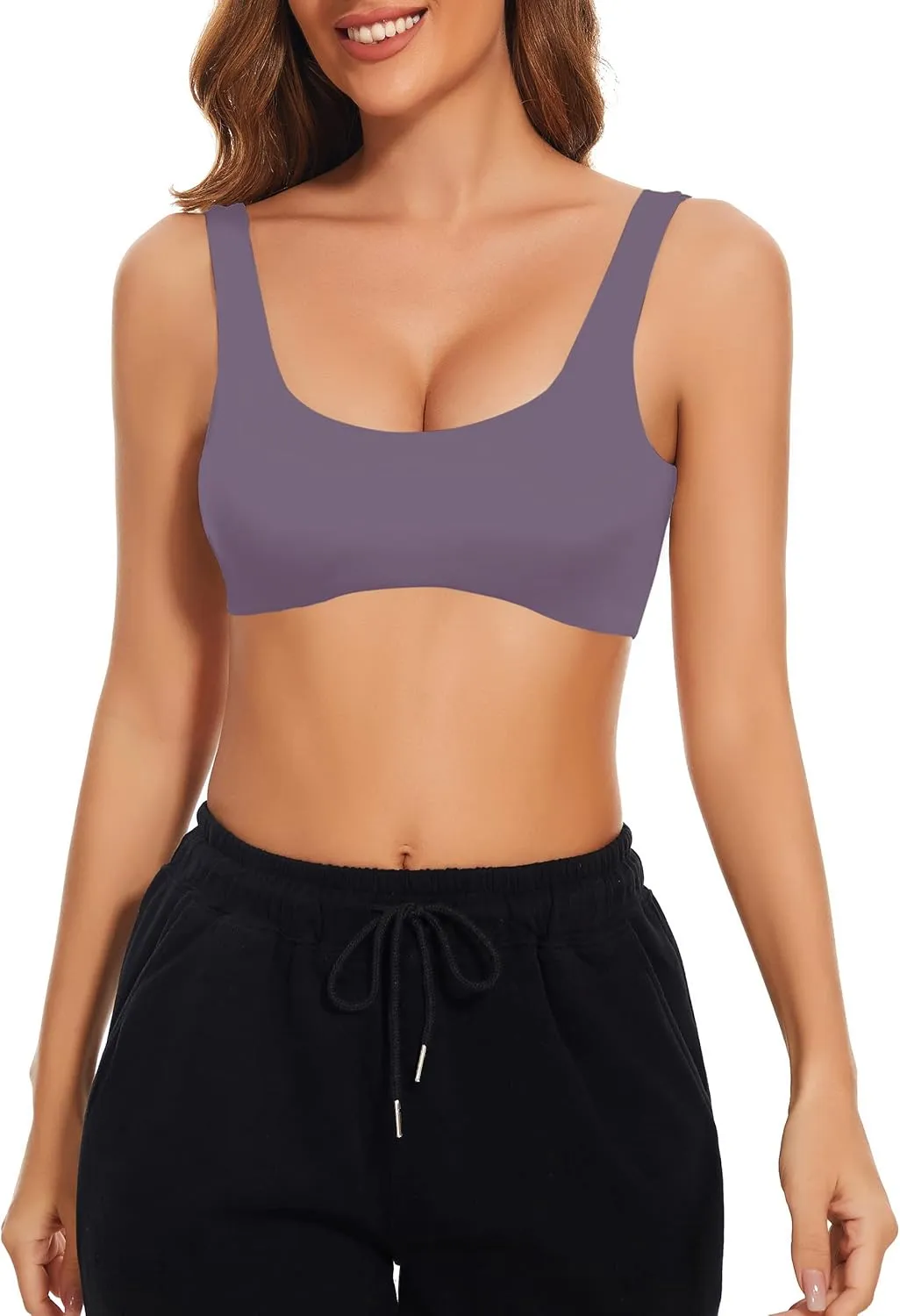 Meladyan Women Sports Bra Scoop Neck Curve Wireless Support Bralette Crop Tank Cami Backless Sleeveless Yoga Workout