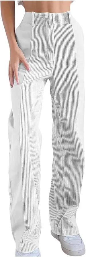 Melliflo High Waist Corduroy Pants for Women Trendy Casual Straight Leg Pants Comfy Loose Fit Trousers with Pockets