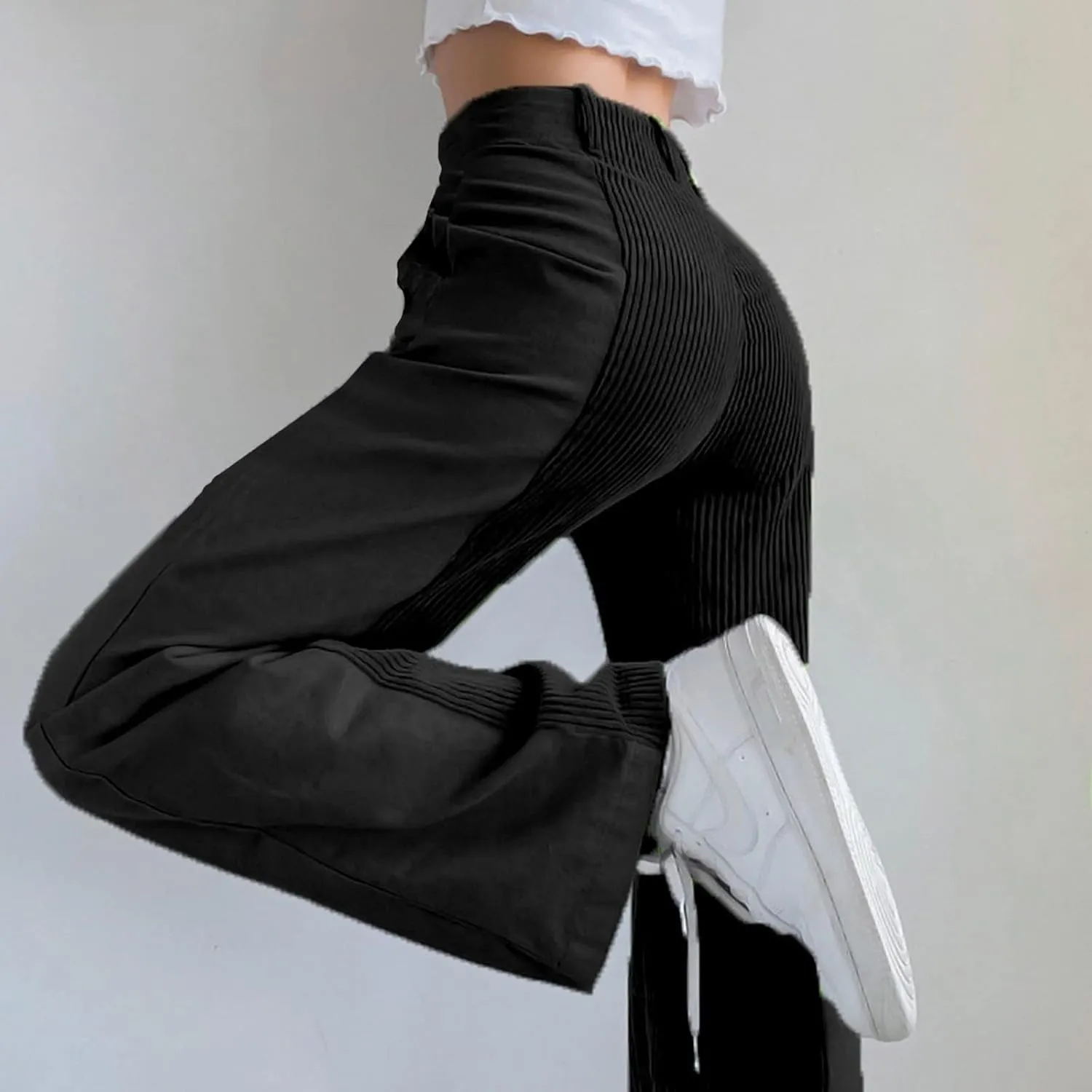 Melliflo High Waist Corduroy Pants for Women Trendy Casual Straight Leg Pants Comfy Loose Fit Trousers with Pockets