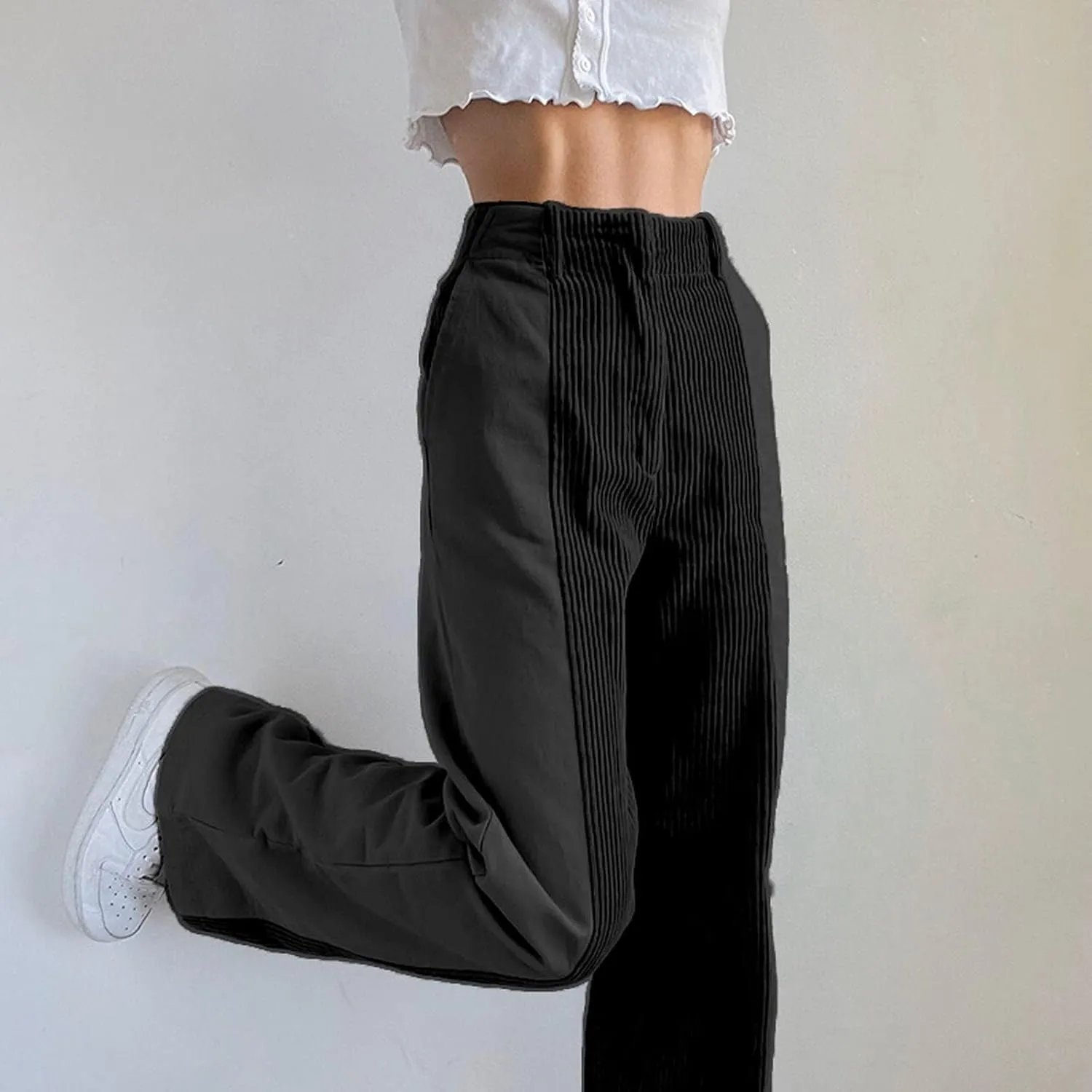 Melliflo High Waist Corduroy Pants for Women Trendy Casual Straight Leg Pants Comfy Loose Fit Trousers with Pockets
