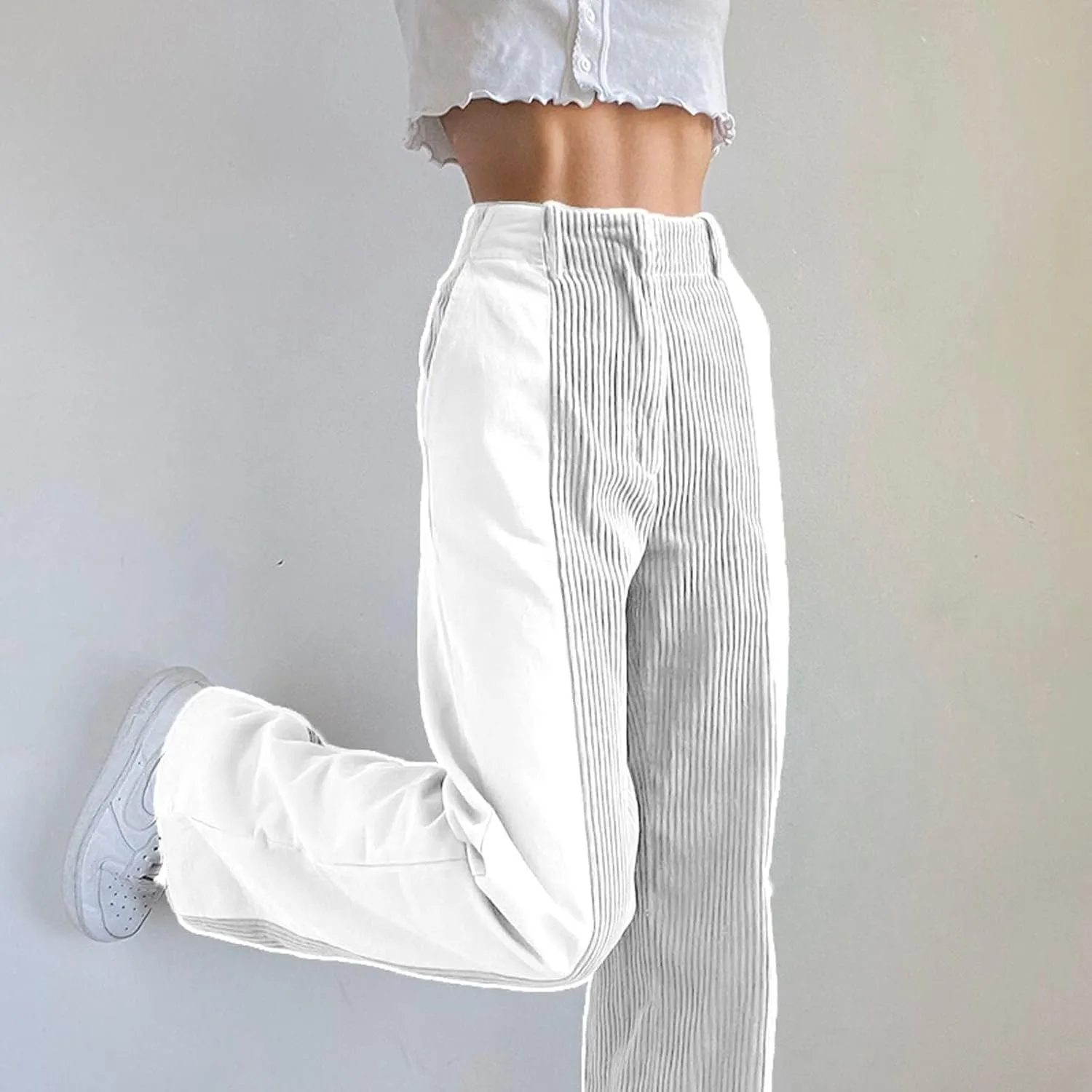 Melliflo High Waist Corduroy Pants for Women Trendy Casual Straight Leg Pants Comfy Loose Fit Trousers with Pockets