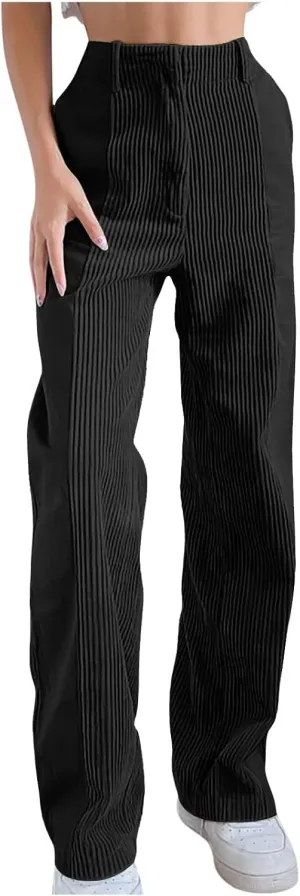 Melliflo High Waist Corduroy Pants for Women Trendy Casual Straight Leg Pants Comfy Loose Fit Trousers with Pockets
