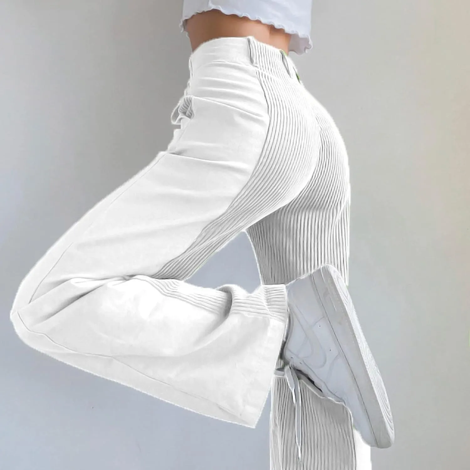 Melliflo High Waist Corduroy Pants for Women Trendy Casual Straight Leg Pants Comfy Loose Fit Trousers with Pockets