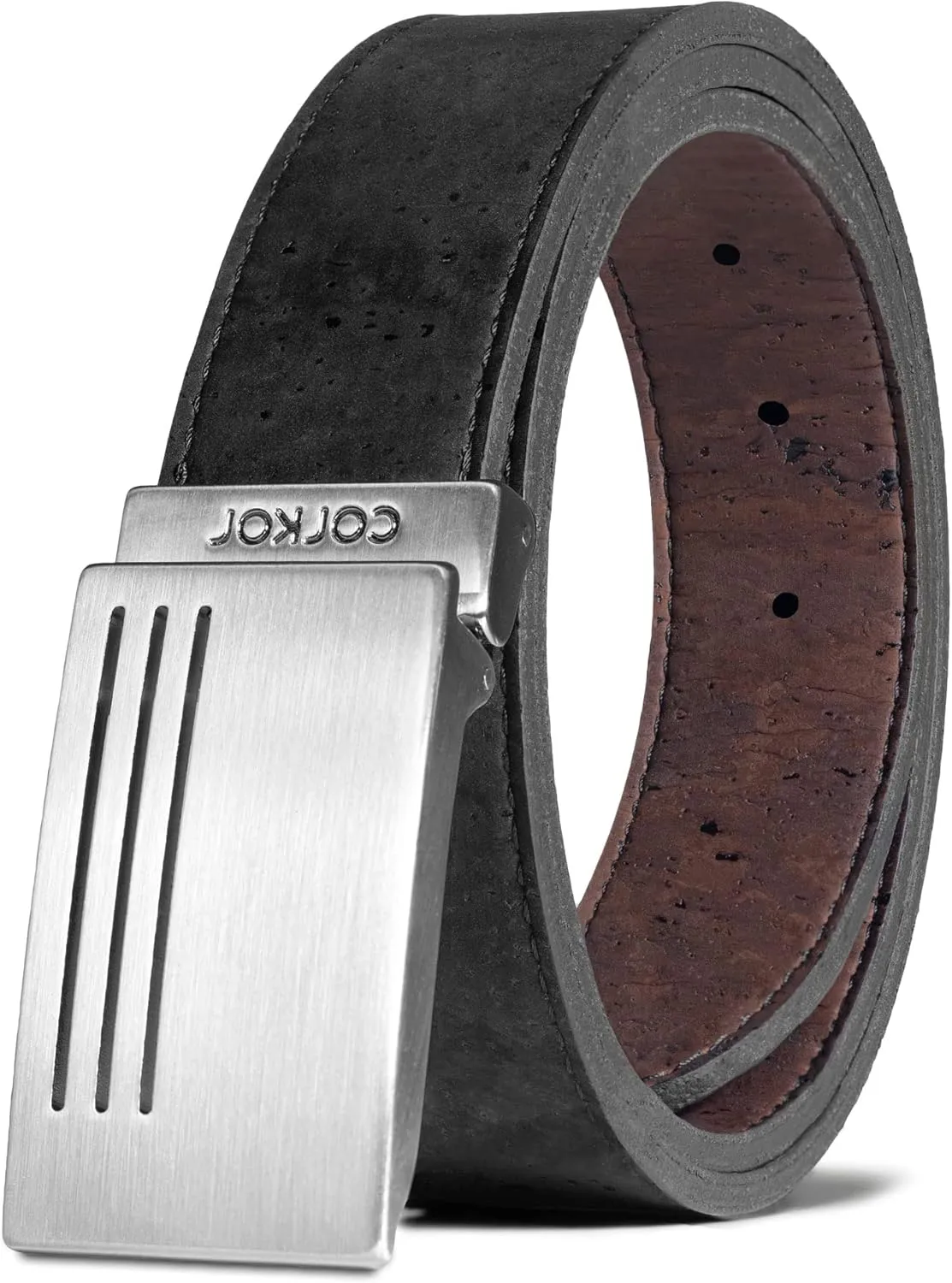 Men Reversible Cork Belt Faux Leather - Vegan Leather Dress for Jeans Adjustable Belt – Brown Black - 1,38" Wide
