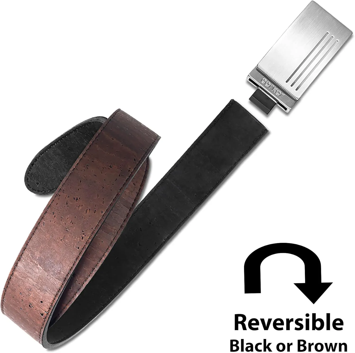 Men Reversible Cork Belt Faux Leather - Vegan Leather Dress for Jeans Adjustable Belt – Brown Black - 1,38" Wide