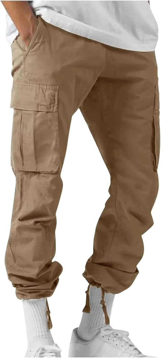 Mens Cargo Pants Drawstring Loose Straight Pants Hiking Outdoor Work Pants Casual Multi Pocket Lightweight Pants