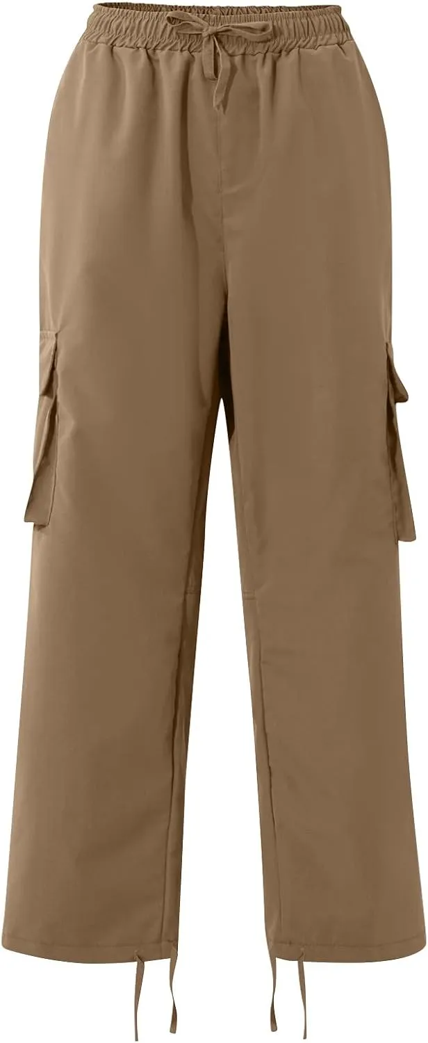 Mens Cargo Pants Drawstring Loose Straight Pants Hiking Outdoor Work Pants Casual Multi Pocket Lightweight Pants