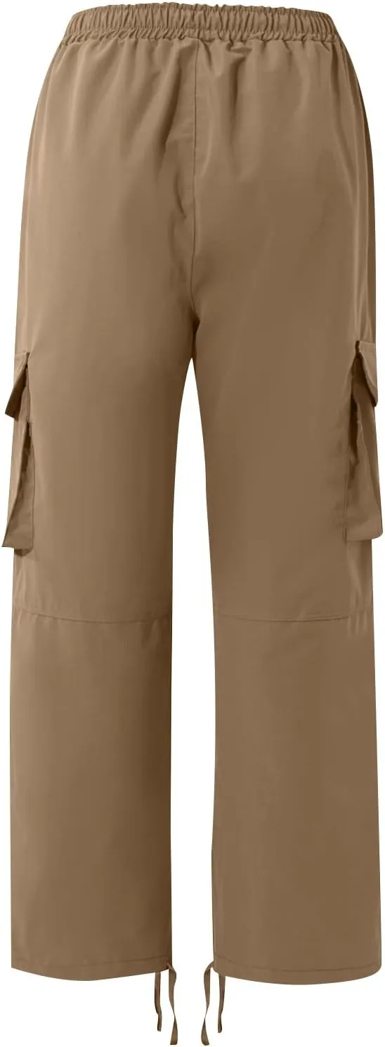 Mens Cargo Pants Drawstring Loose Straight Pants Hiking Outdoor Work Pants Casual Multi Pocket Lightweight Pants