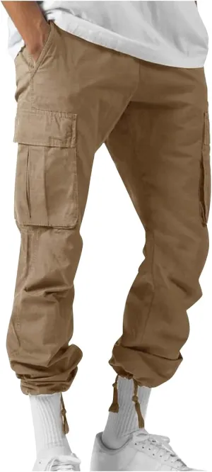 Mens Cargo Pants Drawstring Loose Straight Pants Hiking Outdoor Work Pants Casual Multi Pocket Lightweight Pants