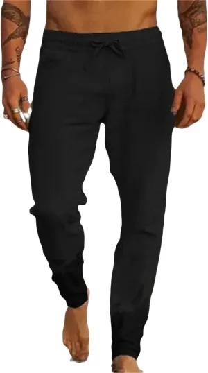 Mens Casual Linen Pants Elastic Waist Drawstring Lightweight Summer Beach Yoga Pants Tapered Chino Pants Work Trousers