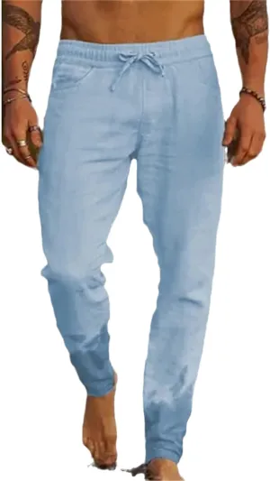 Mens Casual Linen Pants Elastic Waist Drawstring Lightweight Summer Beach Yoga Pants Tapered Chino Pants Work Trousers
