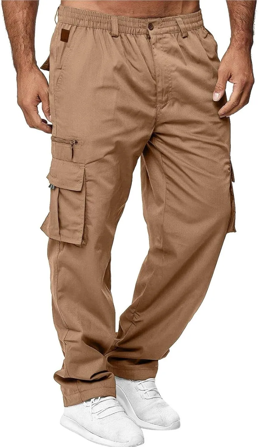 Men's Hiking Cargo Work Pants Hat Multi Woven Pocket Foot Rope Solid Pants Street Cargo Men Athletic Joggers