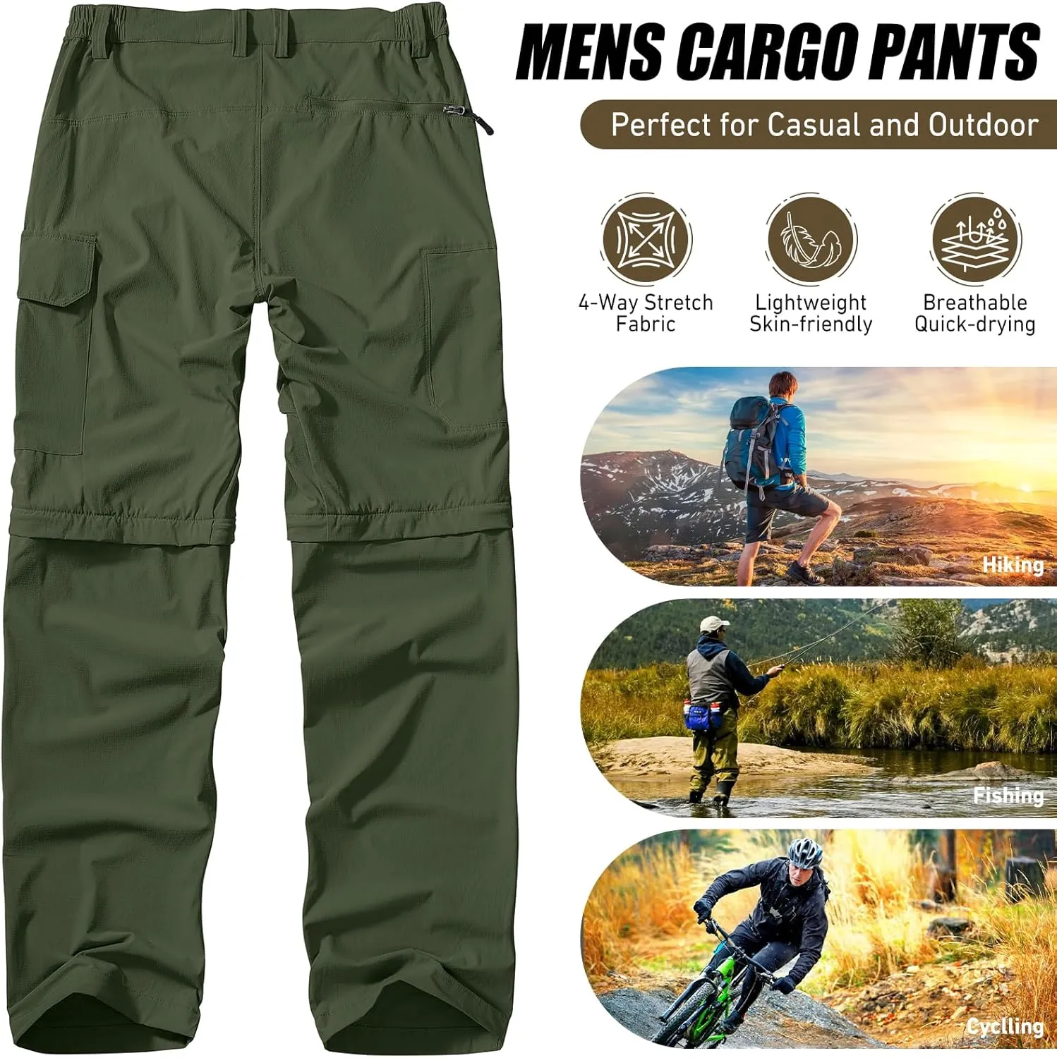 Men's Hiking Convertible Work Pants Lightweight Zip Off Lightweight Quick Dry Stretch Pants Summer Fishing Travel Outdoor