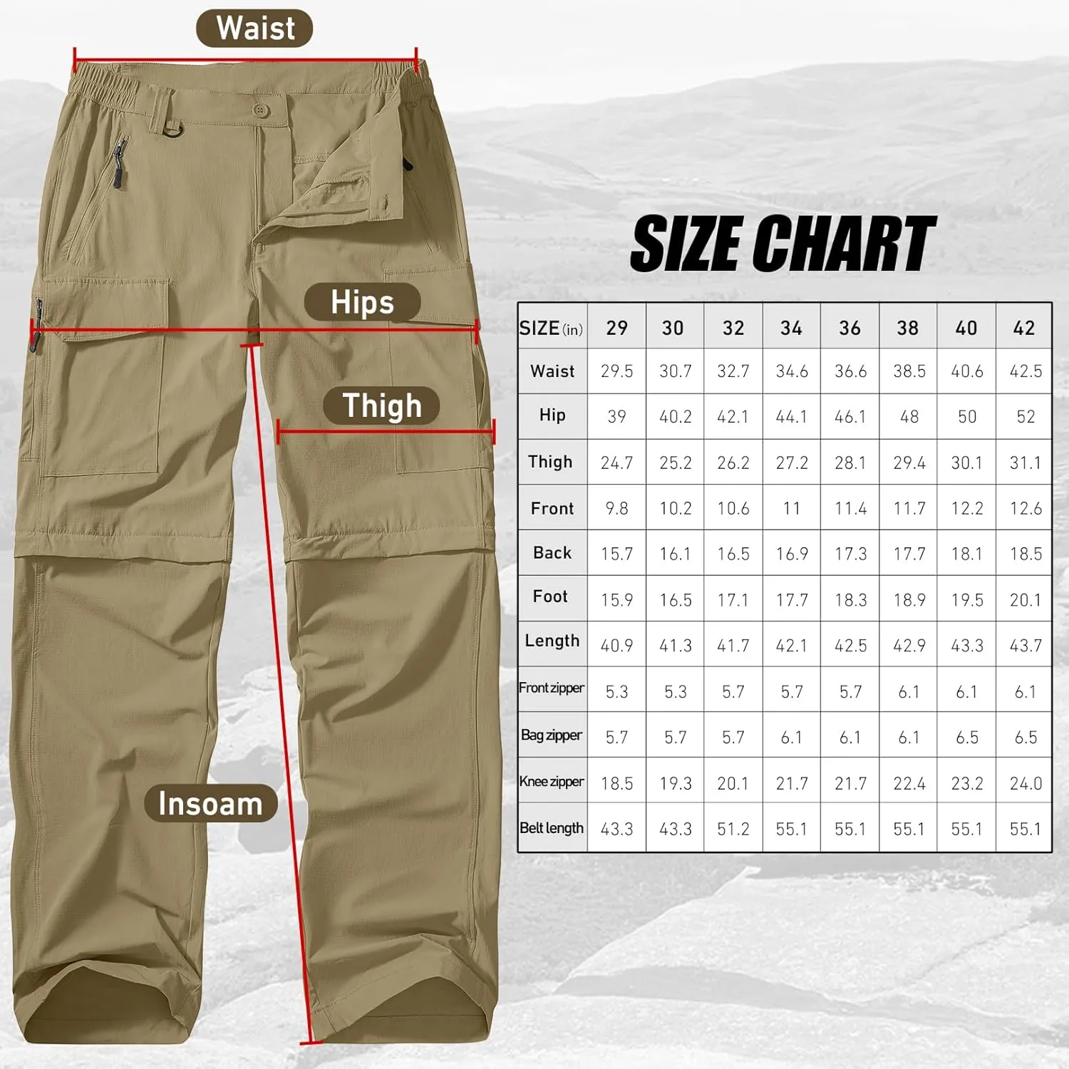 Men's Hiking Convertible Work Pants Lightweight Zip Off Lightweight Quick Dry Stretch Pants Summer Fishing Travel Outdoor