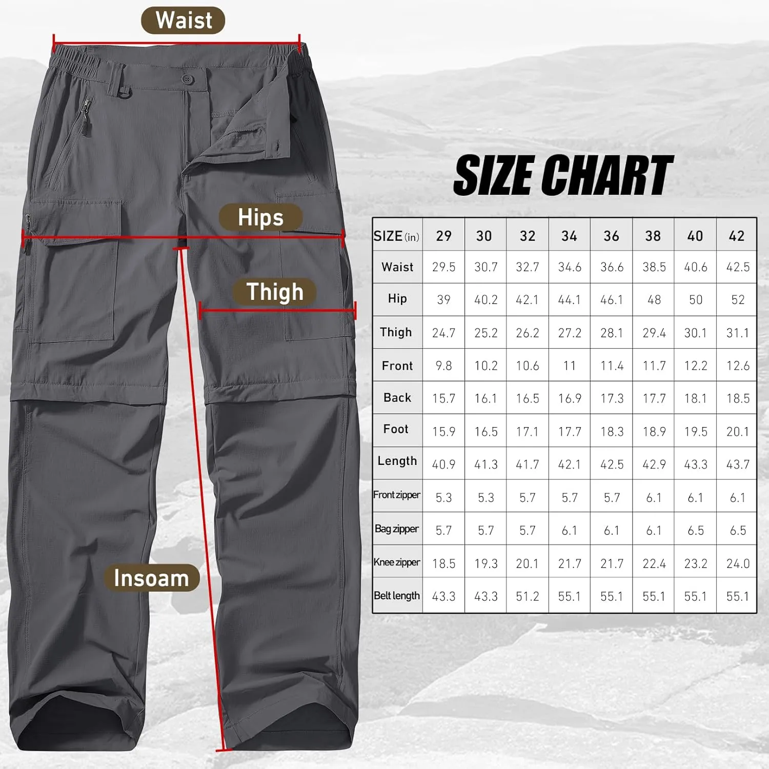 Men's Hiking Convertible Work Pants Lightweight Zip Off Lightweight Quick Dry Stretch Pants Summer Fishing Travel Outdoor
