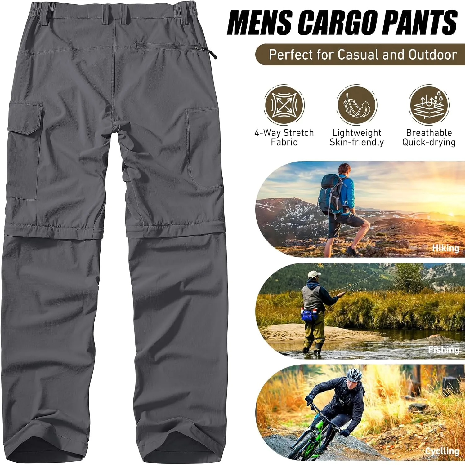 Men's Hiking Convertible Work Pants Lightweight Zip Off Lightweight Quick Dry Stretch Pants Summer Fishing Travel Outdoor