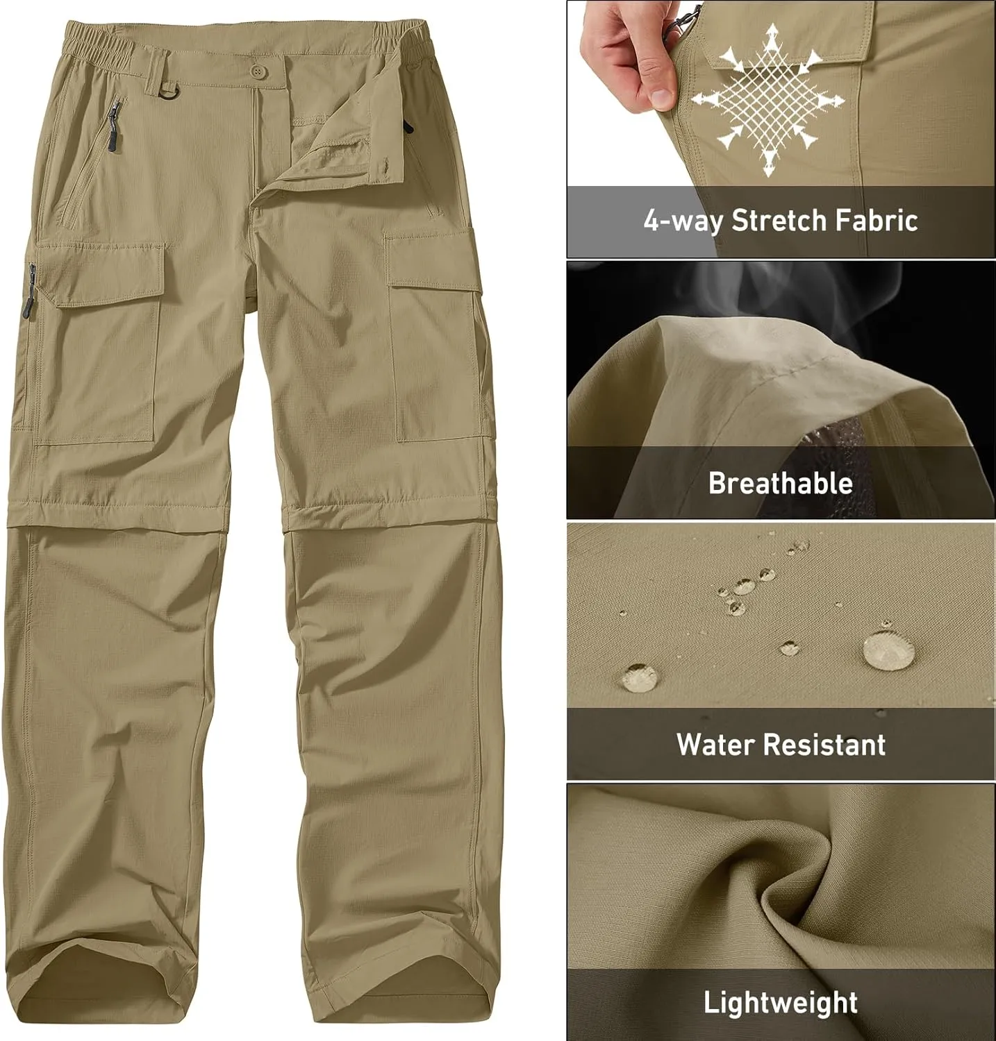Men's Hiking Convertible Work Pants Lightweight Zip Off Lightweight Quick Dry Stretch Pants Summer Fishing Travel Outdoor