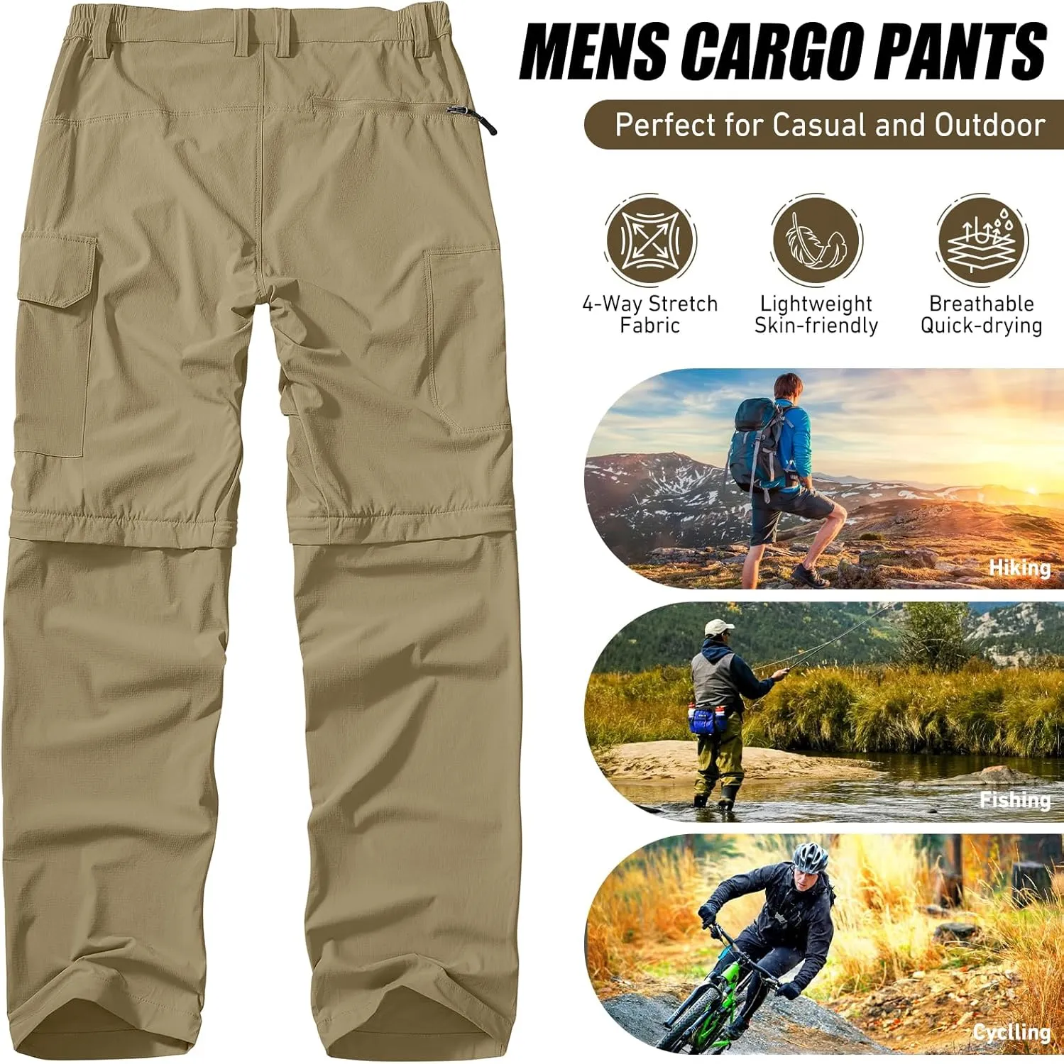 Men's Hiking Convertible Work Pants Lightweight Zip Off Lightweight Quick Dry Stretch Pants Summer Fishing Travel Outdoor