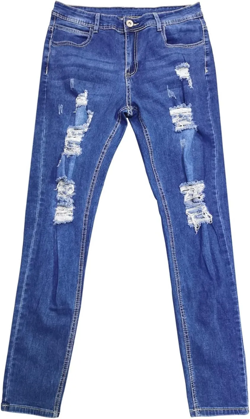 Mens Jeans Pants Straight Hole Buckle Zipper Middle Waist Denim Long Pants Trousers Pants Comfort Flex Waist Jean