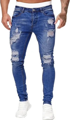 Mens Jeans Pants Straight Hole Buckle Zipper Middle Waist Denim Long Pants Trousers Pants Comfort Flex Waist Jean