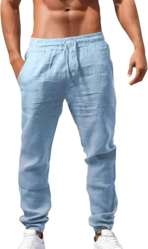 Mens Linen Drawstring Pants Elastic Waist Lightweight Trouser Casual Straight-Leg Yoga Summer Beach Pants