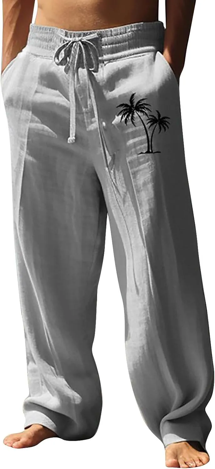 Mens Pants Casual Relaxed Fit Elastic Waist Big and Tall Yoga Pants with Pockets Summer Wide Leg Beach Trousers