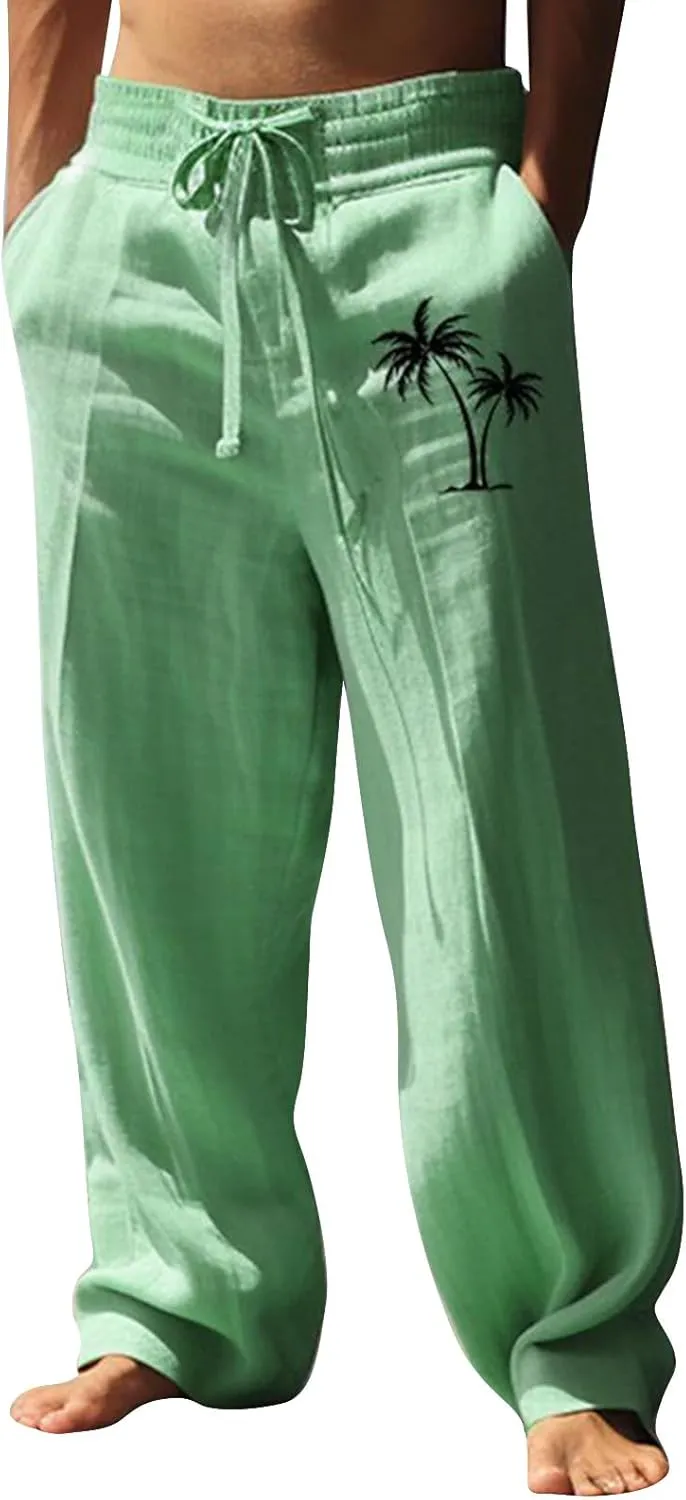 Mens Pants Casual Relaxed Fit Elastic Waist Big and Tall Yoga Pants with Pockets Summer Wide Leg Beach Trousers