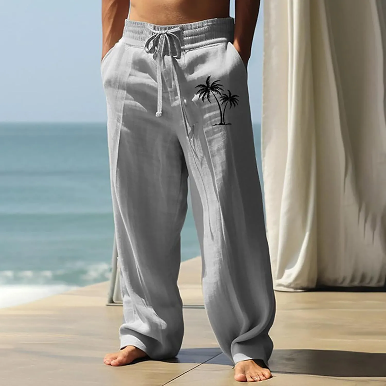 Mens Pants Casual Relaxed Fit Elastic Waist Big and Tall Yoga Pants with Pockets Summer Wide Leg Beach Trousers