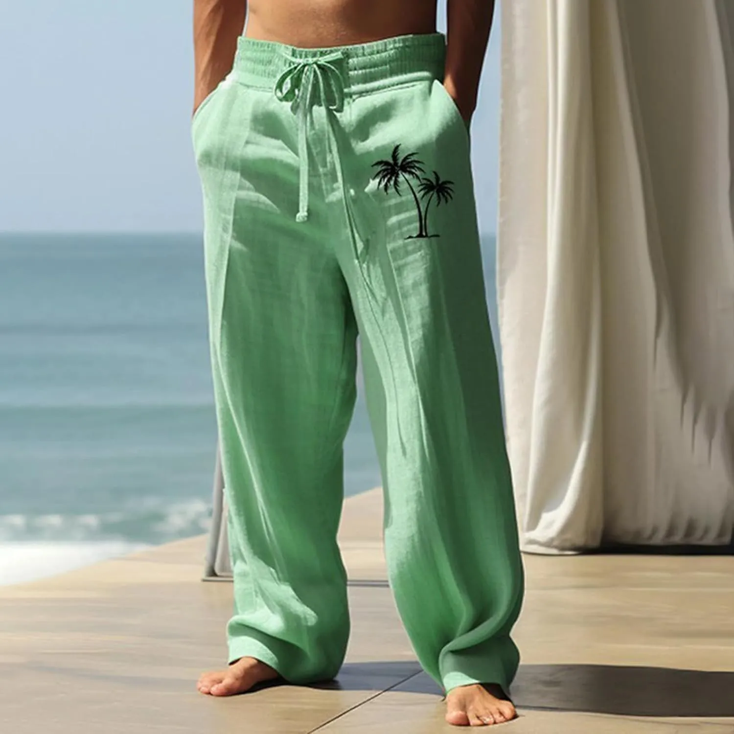 Mens Pants Casual Relaxed Fit Elastic Waist Big and Tall Yoga Pants with Pockets Summer Wide Leg Beach Trousers