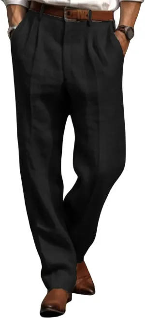 Mens Pleated Front Casual Pants Solid Twill Linen Dress Pant Loose Fit Straight Legs Elastic Waist Trousers for Men