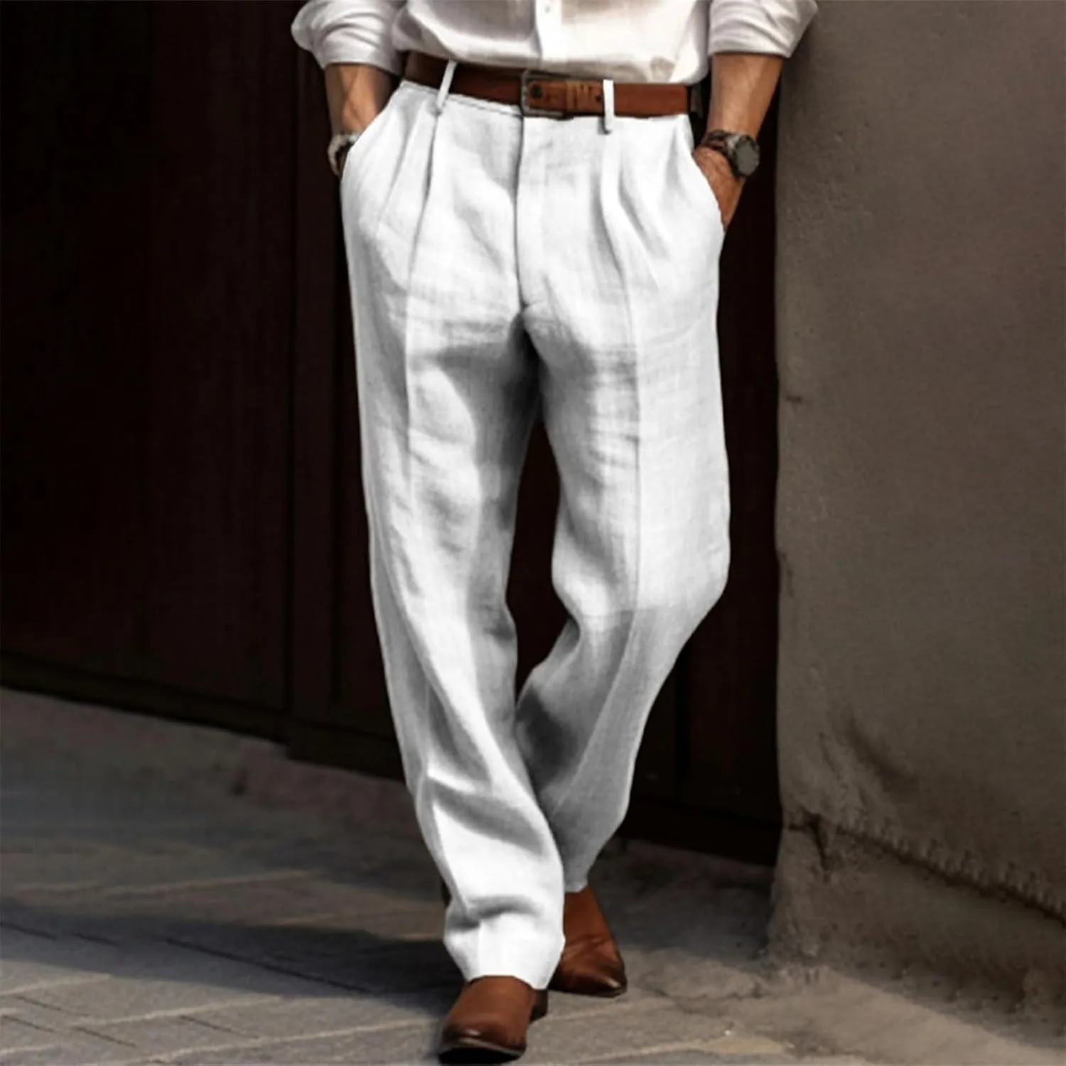 Mens Pleated Front Casual Pants Solid Twill Linen Dress Pant Loose Fit Straight Legs Elastic Waist Trousers for Men