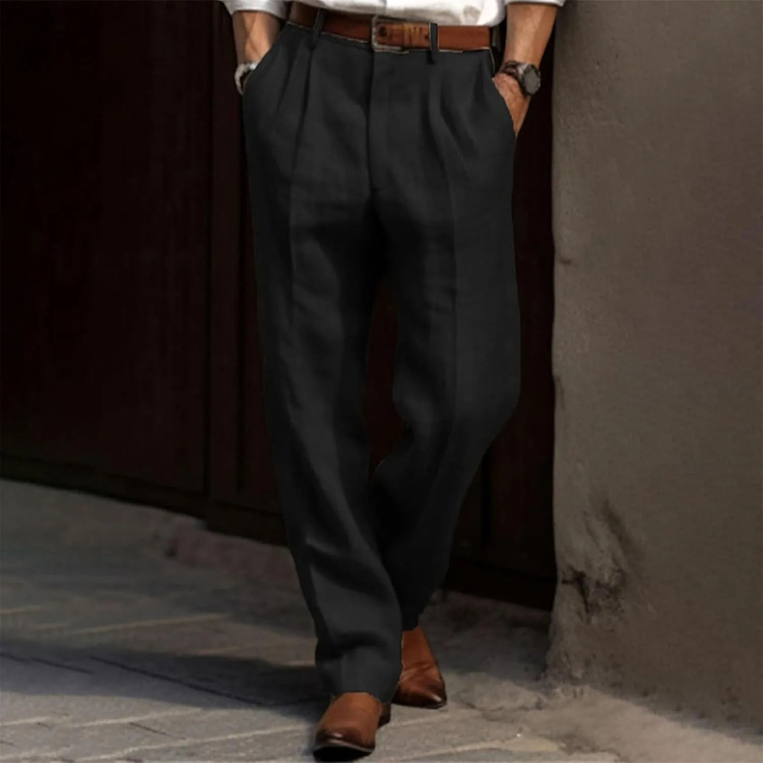 Mens Pleated Front Casual Pants Solid Twill Linen Dress Pant Loose Fit Straight Legs Elastic Waist Trousers for Men