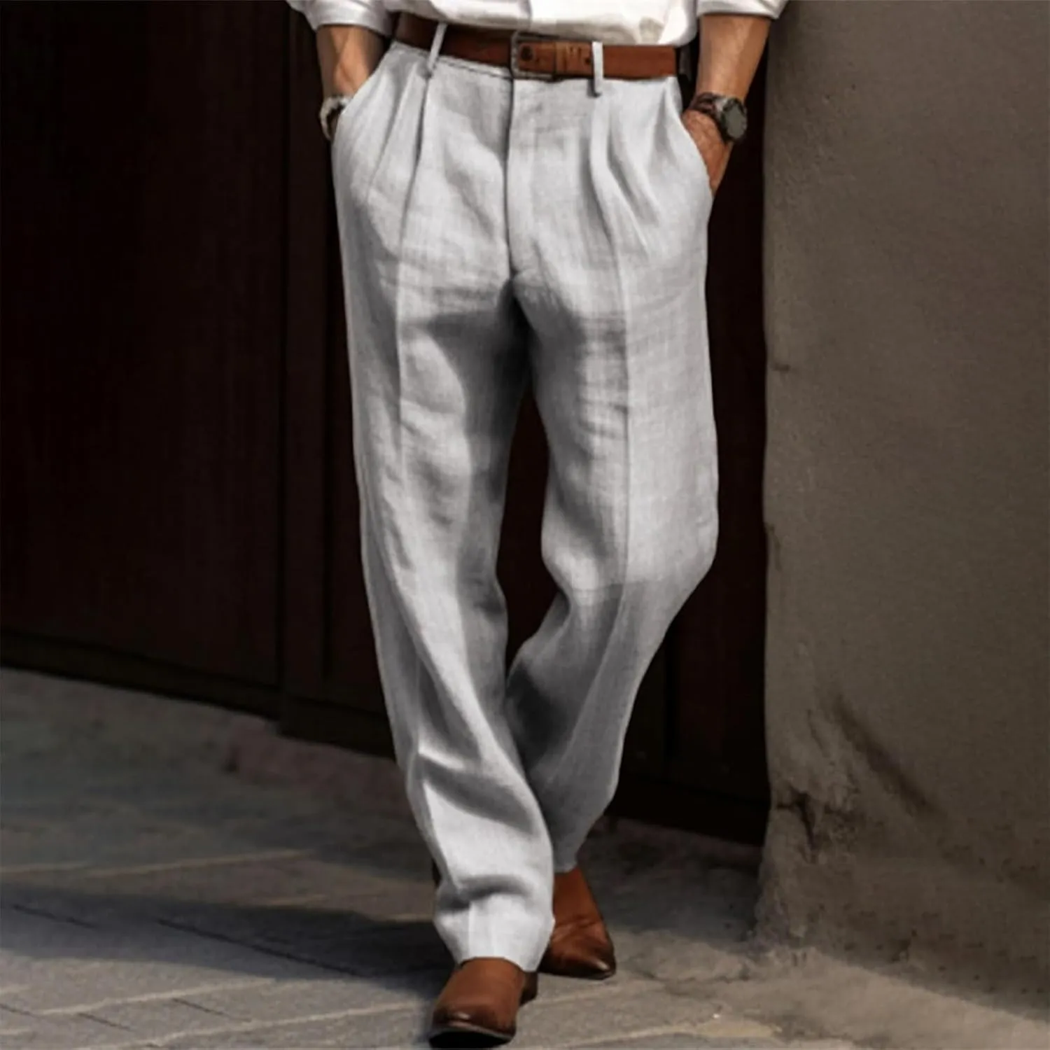 Mens Pleated Front Casual Pants Solid Twill Linen Dress Pant Loose Fit Straight Legs Elastic Waist Trousers for Men