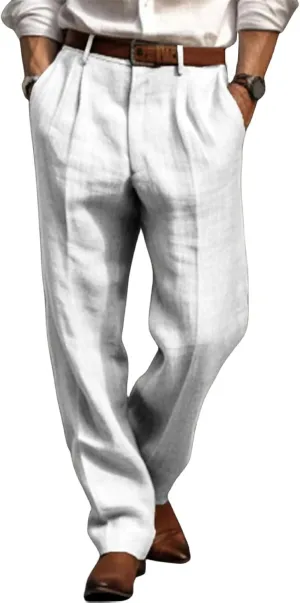 Mens Pleated Front Casual Pants Solid Twill Linen Dress Pant Loose Fit Straight Legs Elastic Waist Trousers for Men