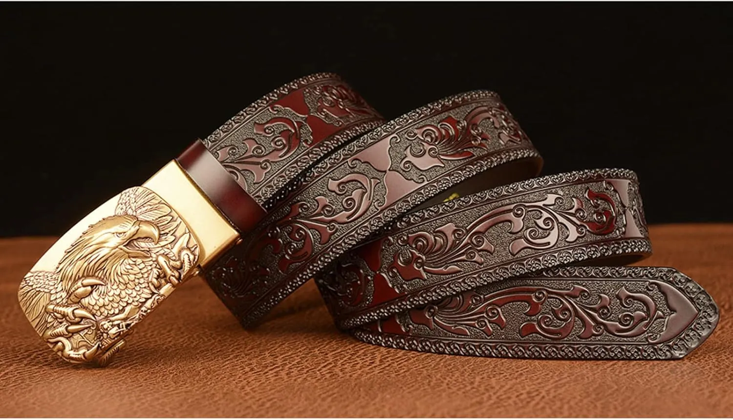 Men's Ratchet Genuine Leather Belt with 3D Eagle Sliding Buckle,Vintage Western Cowboy Leather Engraved Belt