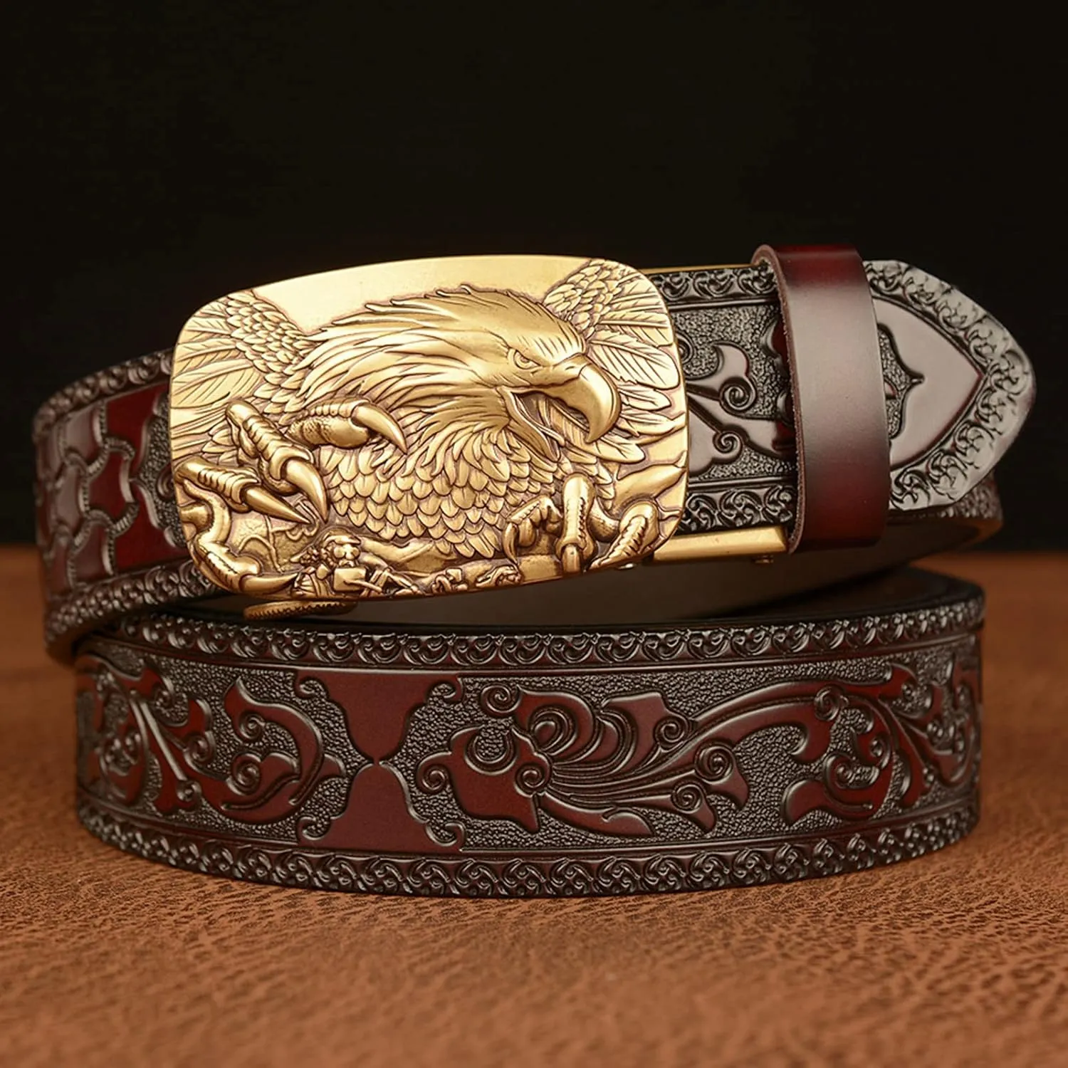 Men's Ratchet Genuine Leather Belt with 3D Eagle Sliding Buckle,Vintage Western Cowboy Leather Engraved Belt