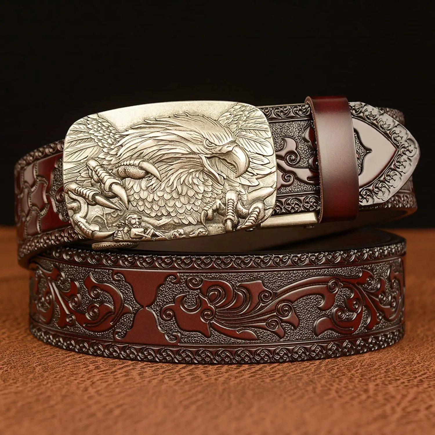 Men's Ratchet Genuine Leather Belt with 3D Eagle Sliding Buckle,Vintage Western Cowboy Leather Engraved Belt