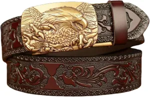 Men's Ratchet Genuine Leather Belt with 3D Eagle Sliding Buckle,Vintage Western Cowboy Leather Engraved Belt