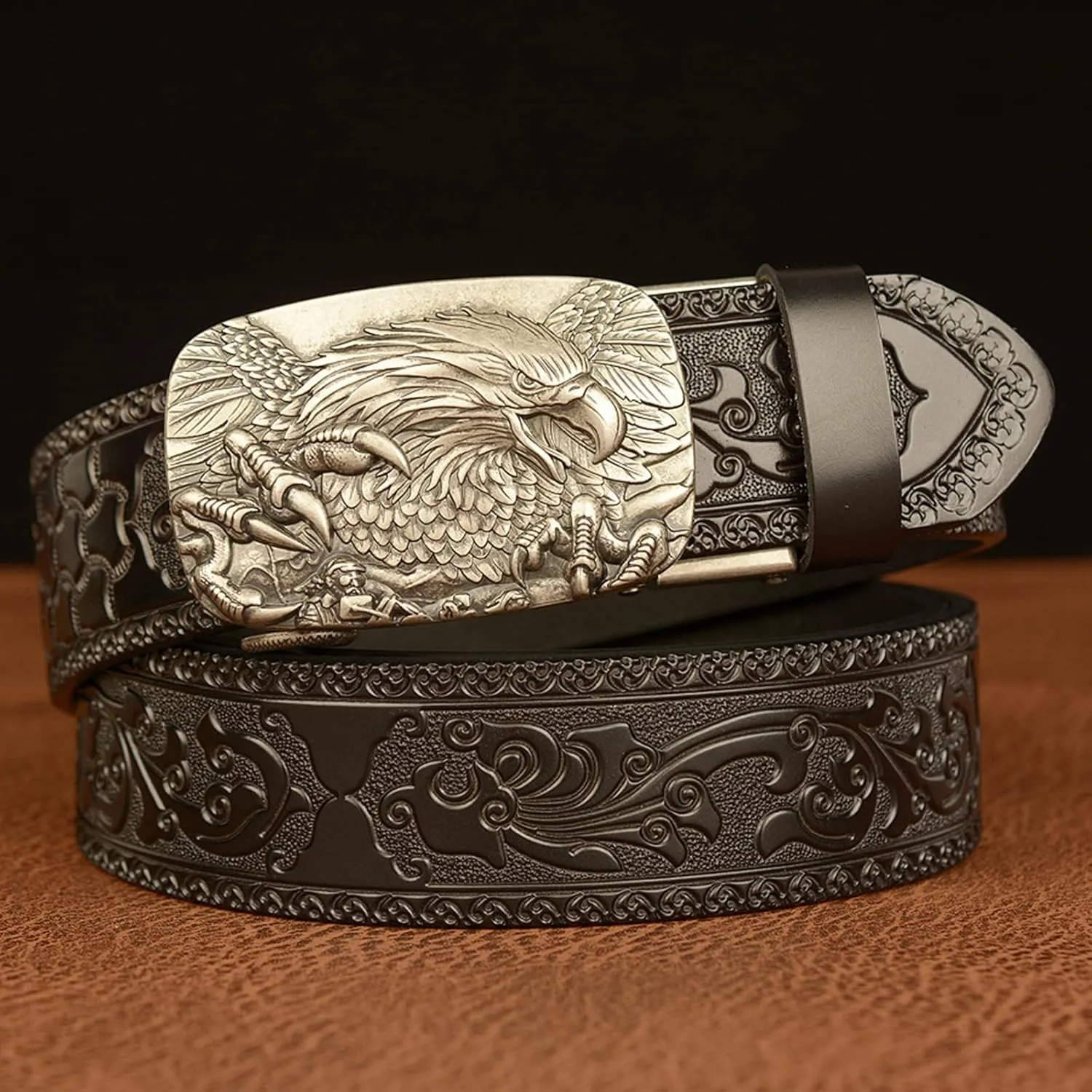Men's Ratchet Genuine Leather Belt with 3D Eagle Sliding Buckle,Vintage Western Cowboy Leather Engraved Belt