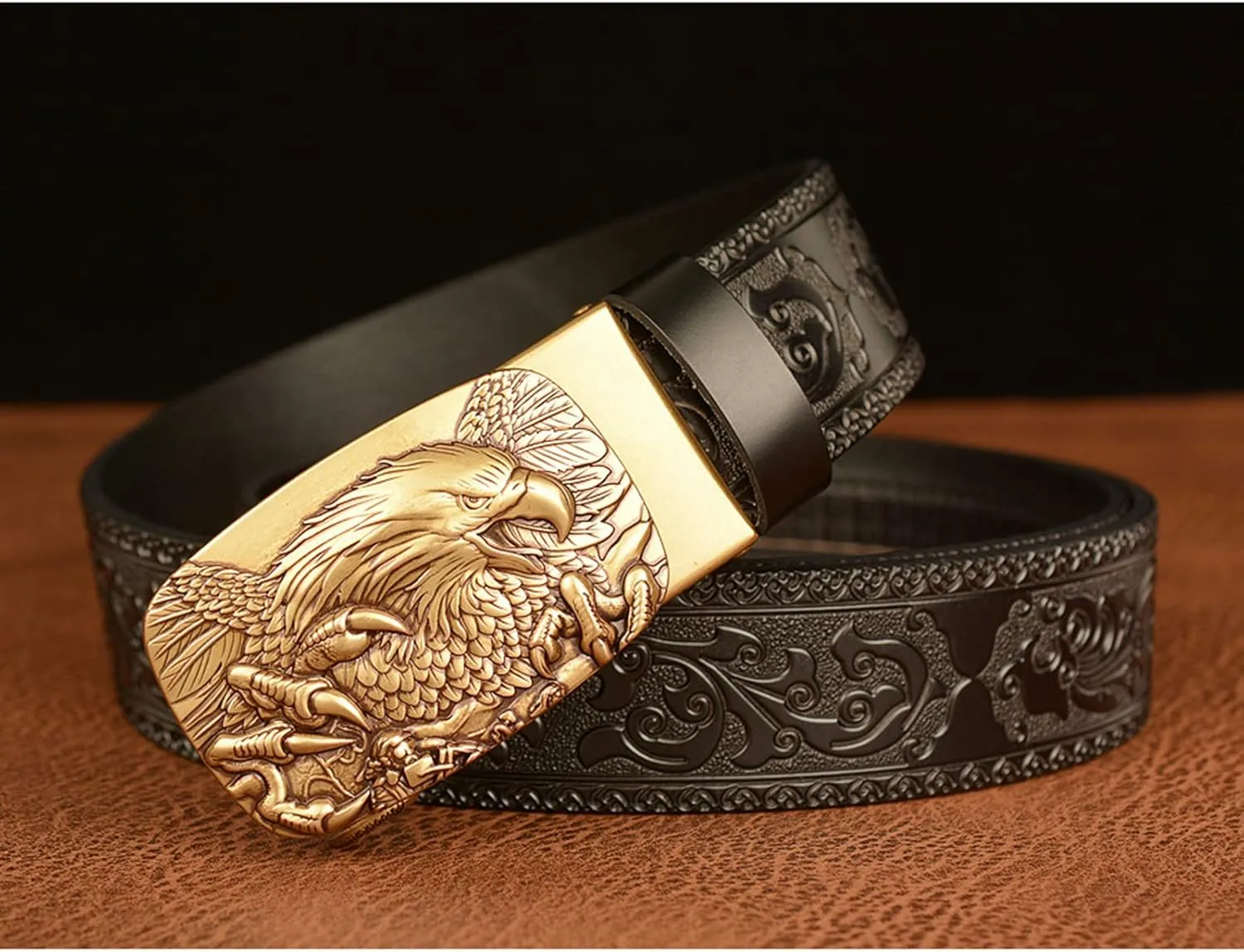 Men's Ratchet Genuine Leather Belt with 3D Eagle Sliding Buckle,Vintage Western Cowboy Leather Engraved Belt