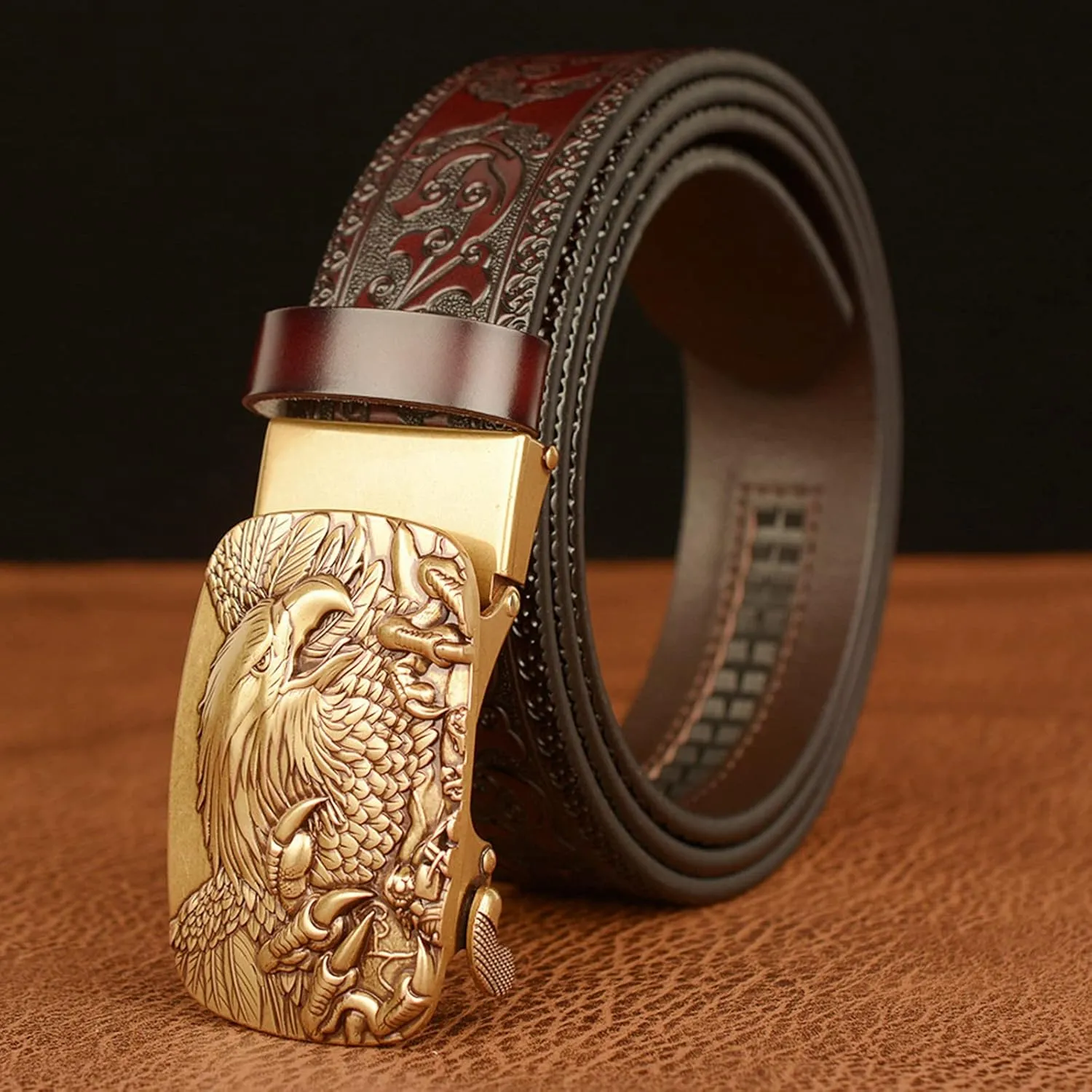 Men's Ratchet Genuine Leather Belt with 3D Eagle Sliding Buckle,Vintage Western Cowboy Leather Engraved Belt