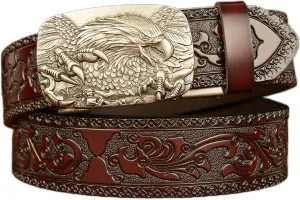 Men's Ratchet Genuine Leather Belt with 3D Eagle Sliding Buckle,Vintage Western Cowboy Leather Engraved Belt