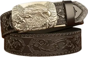 Men's Ratchet Genuine Leather Belt with 3D Eagle Sliding Buckle,Vintage Western Cowboy Leather Engraved Belt