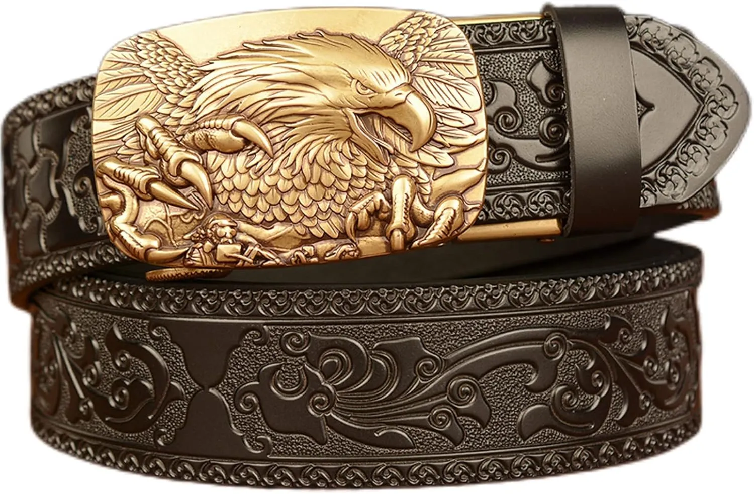 Men's Ratchet Genuine Leather Belt with 3D Eagle Sliding Buckle,Vintage Western Cowboy Leather Engraved Belt