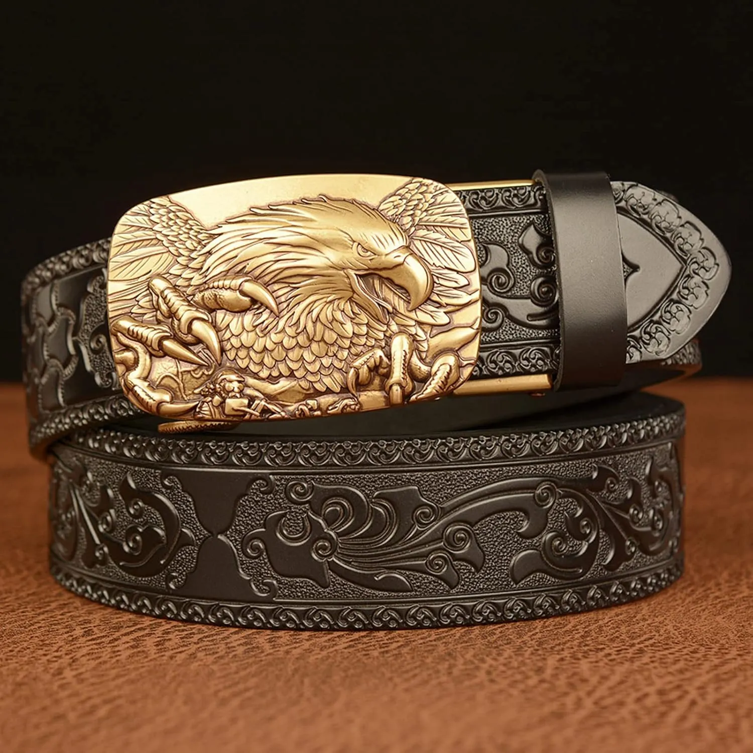 Men's Ratchet Genuine Leather Belt with 3D Eagle Sliding Buckle,Vintage Western Cowboy Leather Engraved Belt
