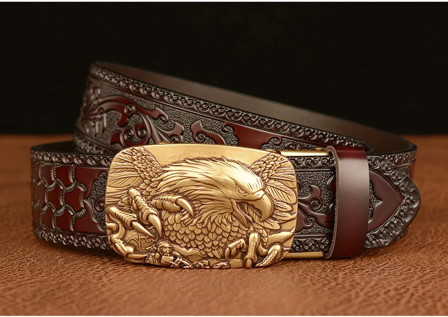 Men's Ratchet Genuine Leather Belt with 3D Eagle Sliding Buckle,Vintage Western Cowboy Leather Engraved Belt