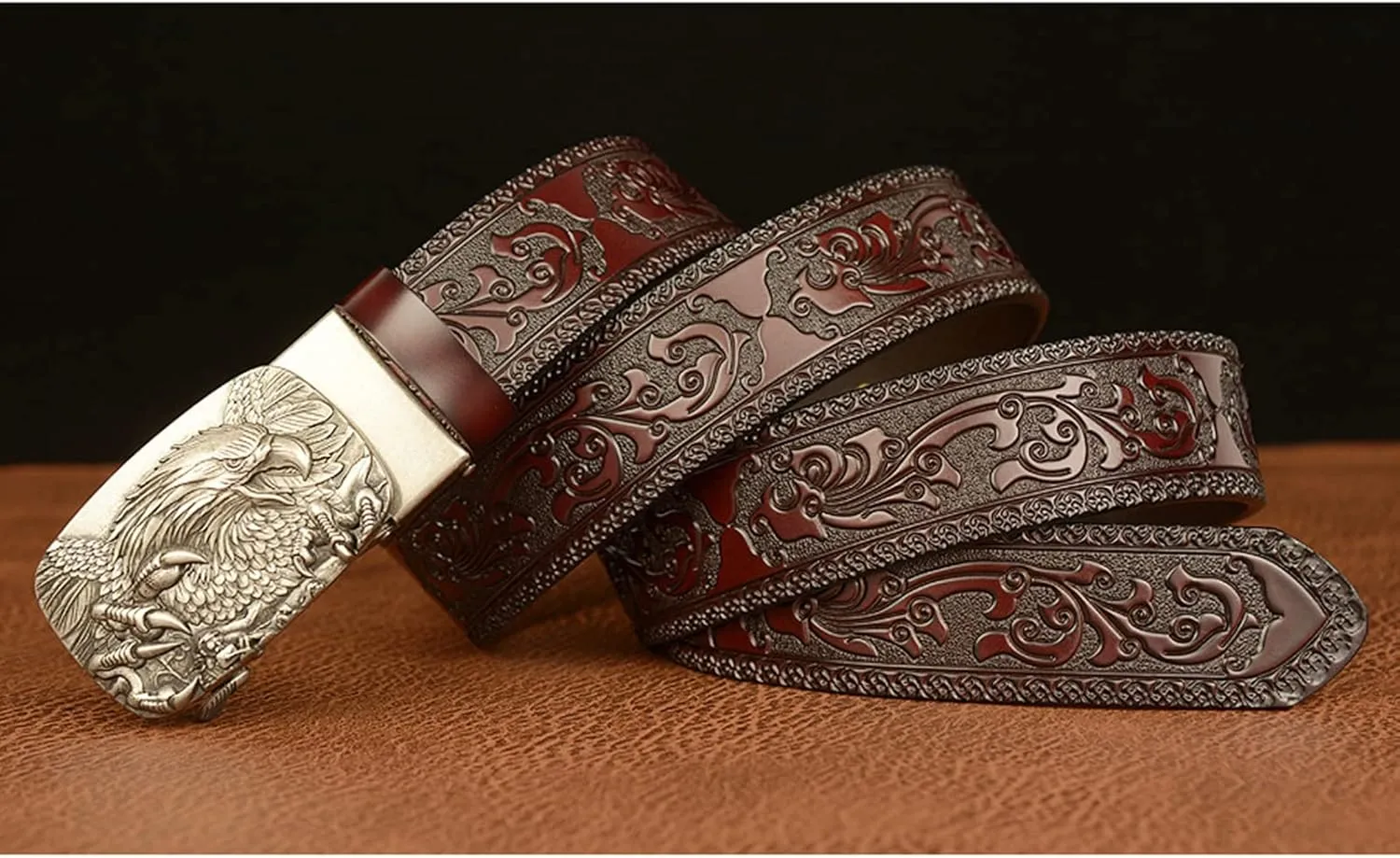 Men's Ratchet Genuine Leather Belt with 3D Eagle Sliding Buckle,Vintage Western Cowboy Leather Engraved Belt